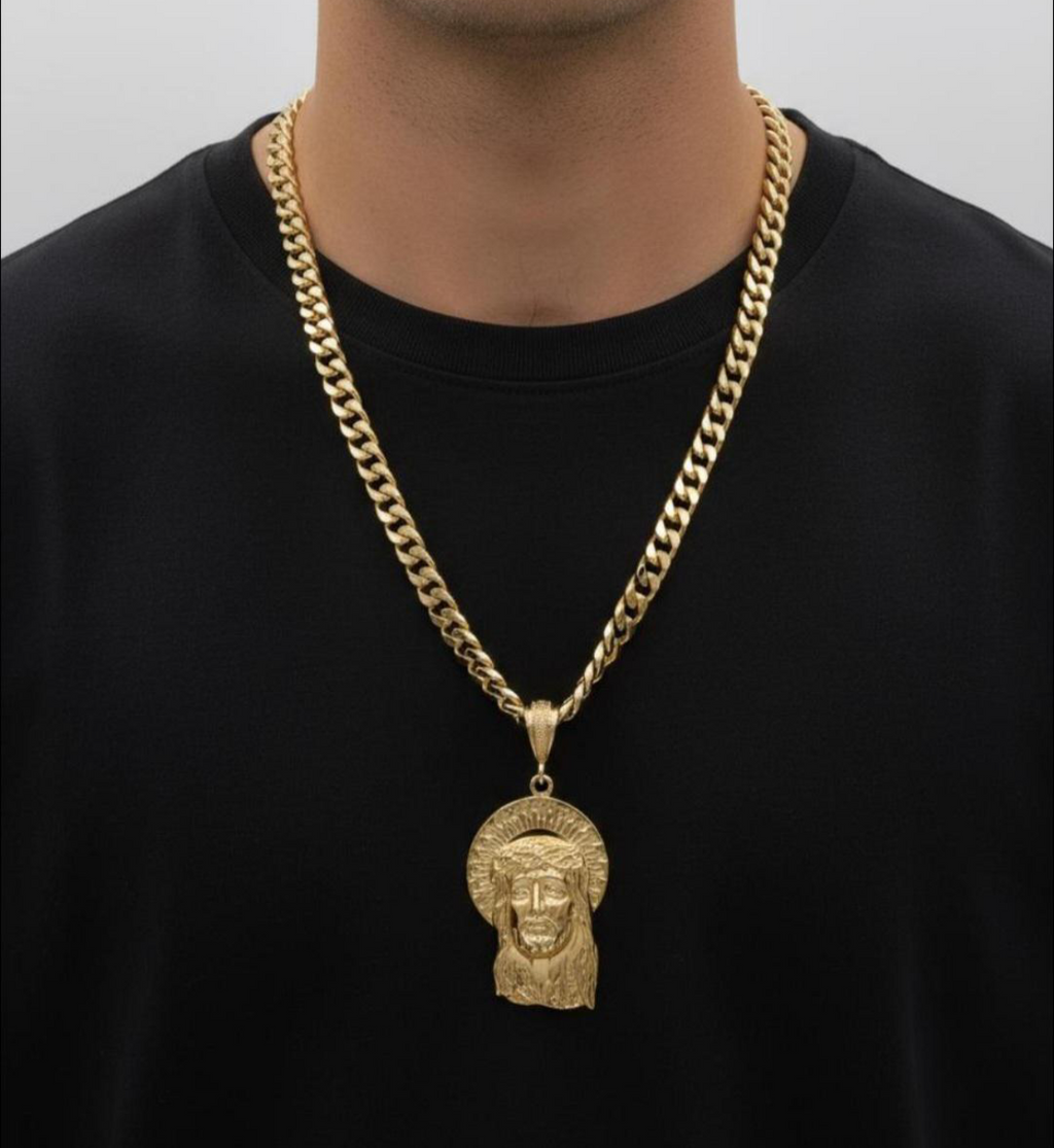 Gold Jesus pendant with Necklace 11mm 14k gold