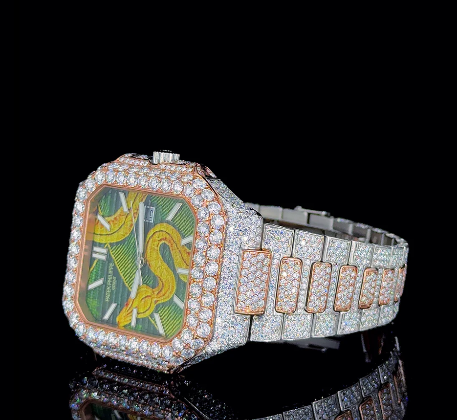 PATEK PHILIPPE ROSE WHITE WITH SNAKE DIAL MOISSANITE DIAMOND WATCH